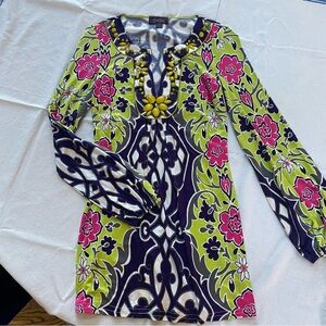 Hale Bob Silk Multicolored Floral Print Dress with Jewel Embellished Neckline